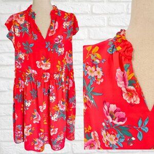 Loft LP Swing Dress Red Floral Hawaiian Large Petite Flowy Cap Sleeve V-Neck